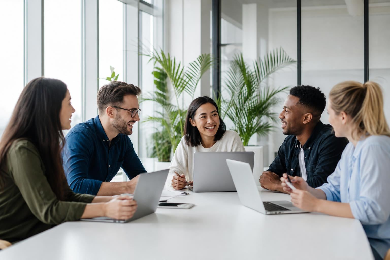 Équipe de professionnels du marketing réunie autour d’une table de travail