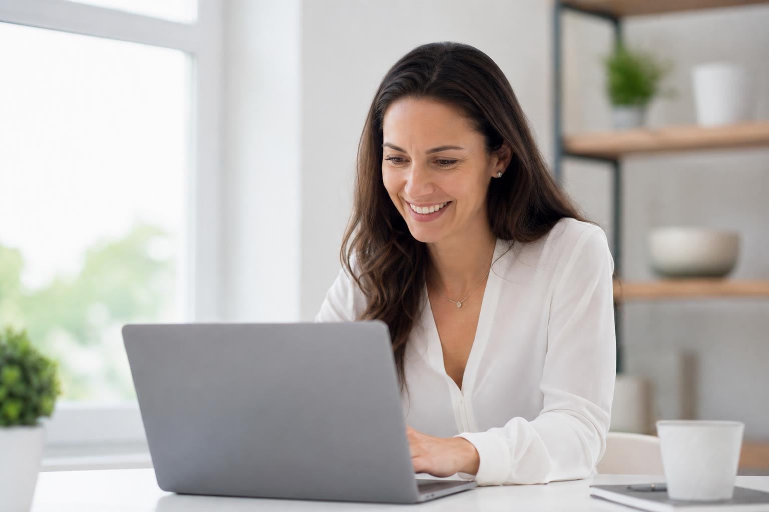 Consultante souriante analysant des données de référencement sur un ordinateur portable